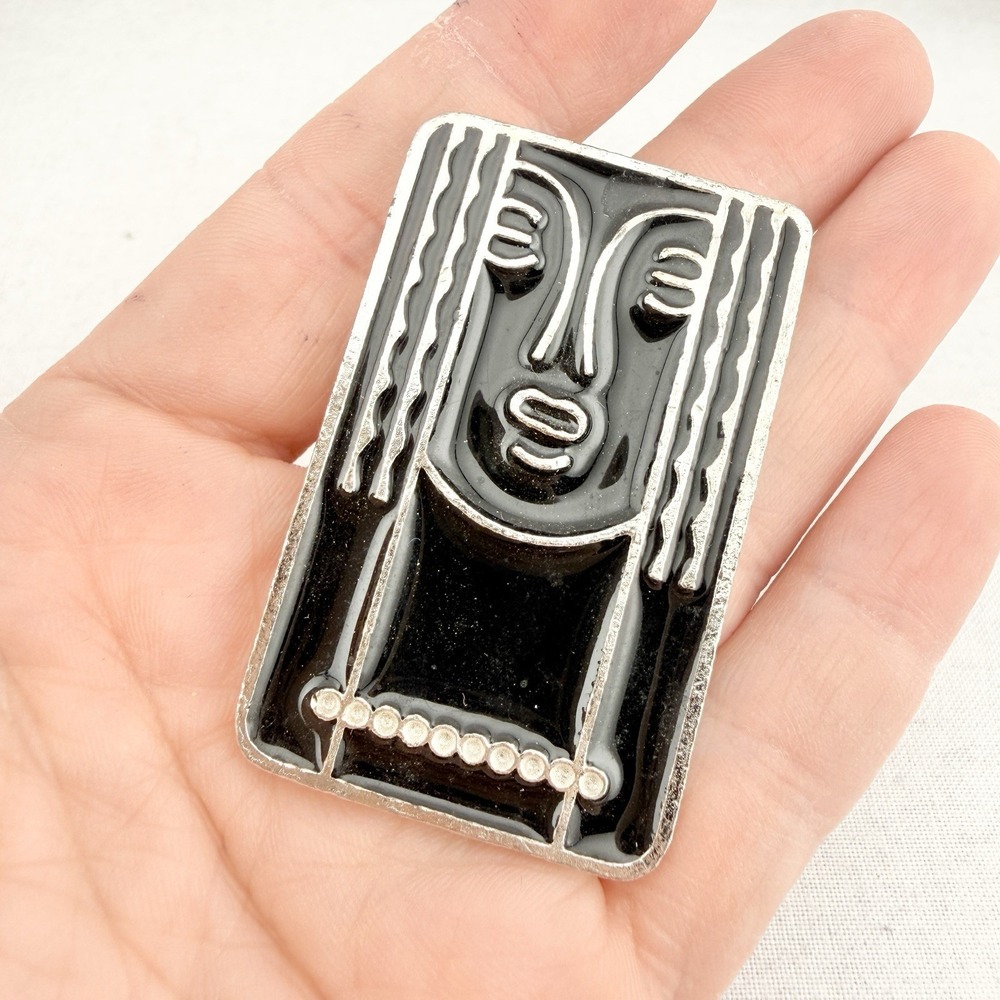 Vintage '70s Charles of the Ritz Pewter Brooch Pin/Pendant Black Enamel Art Deco